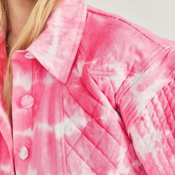 LoveShackFancy Adelade Pink Tie Dye Bohemian Preppy Button Down Denim Jacket - Picture 4 of 12